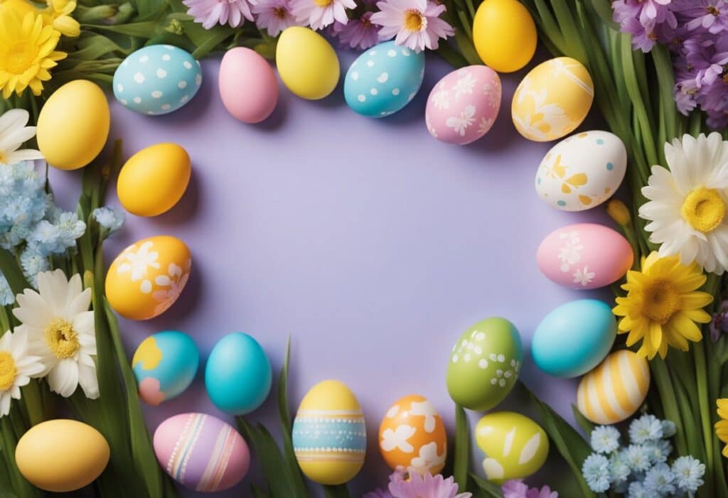 A table adorned with colorful Easter-themed jigsaw puzzles, surrounded by vibrant spring flowers and a basket filled with pastel-colored eggs