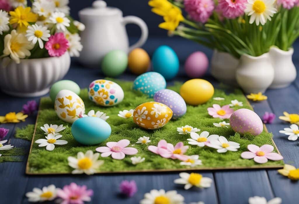 A table with colorful Easter-themed jigsaw puzzles scattered across it, surrounded by spring flowers and decorative eggs