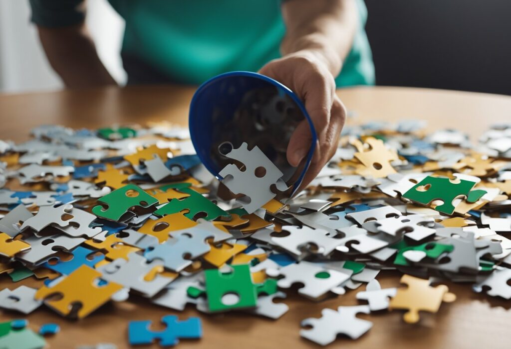A pile of jigsaw puzzle pieces sits on a table next to a recycling bin filled with paper and cardboard. A hand reaches out to place a puzzle piece into the bin