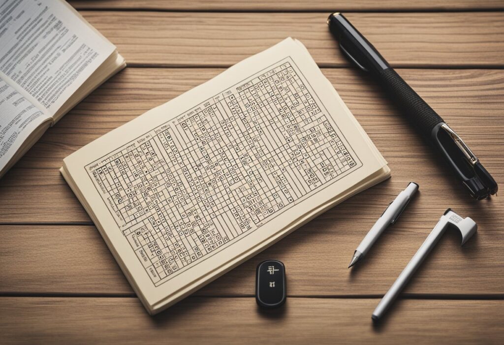 A table with a blank crossword grid, pencil, eraser, and a stack of word lists