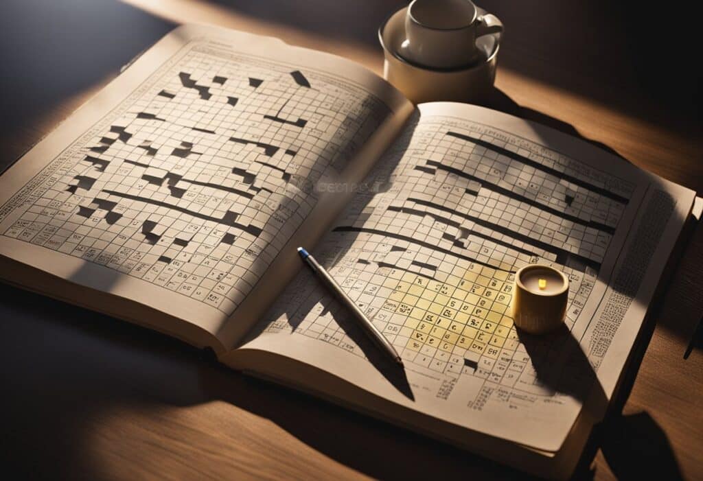 A table with a crossword puzzle book, pencil, and eraser. Rays of sunlight illuminate the page, casting shadows
