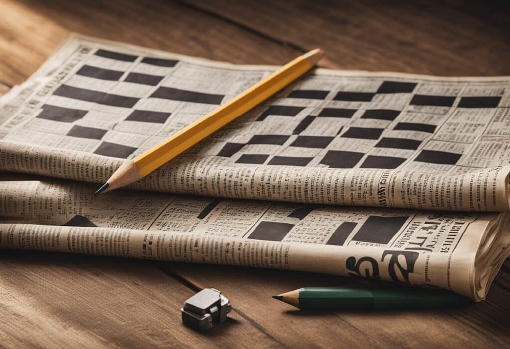 An old newspaper with a partially completed crossword puzzle lies on a worn wooden table, surrounded by a pencil, eraser, and a stack of similar newspapers