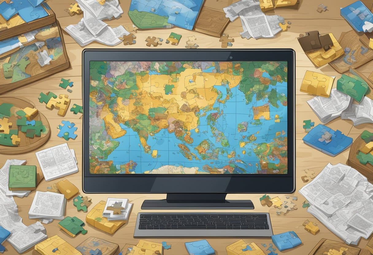 A table with completed and half-finished jigsaw puzzles, a laptop open to a puzzle website, and scattered puzzle pieces