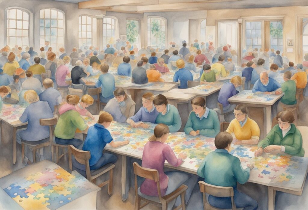 A crowded room with tables of jigsaw puzzles, competitors focused and determined, the tension palpable as the clock ticks down