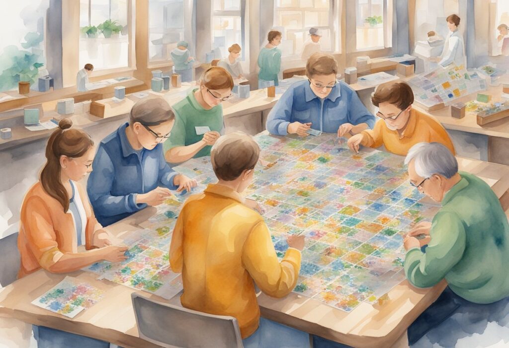 A group of people eagerly assembling jigsaw puzzles in a competitive setting, surrounded by rules and regulations posted on the wall
